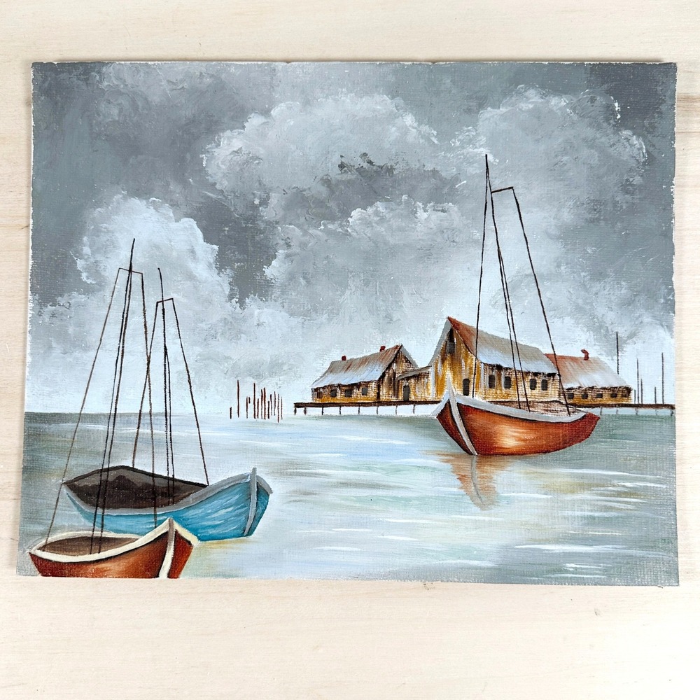 Vtg Oil Painting Sail Boats Coastal Scene Docked 8x10 Hardboard Canvas Gray Blue